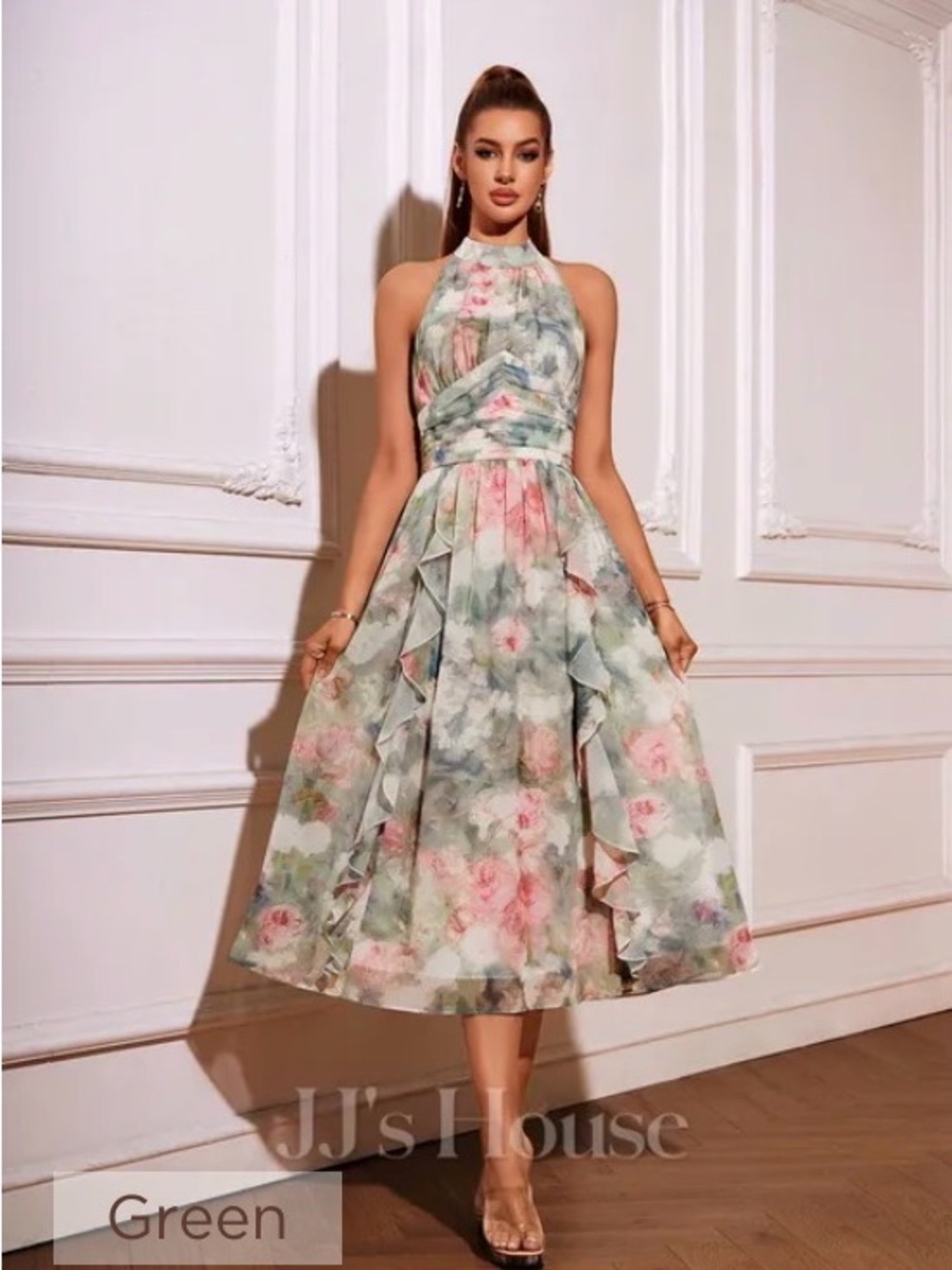 JJ's House Azeneth
Green Halter Floral Print Chiffon Midi Dress